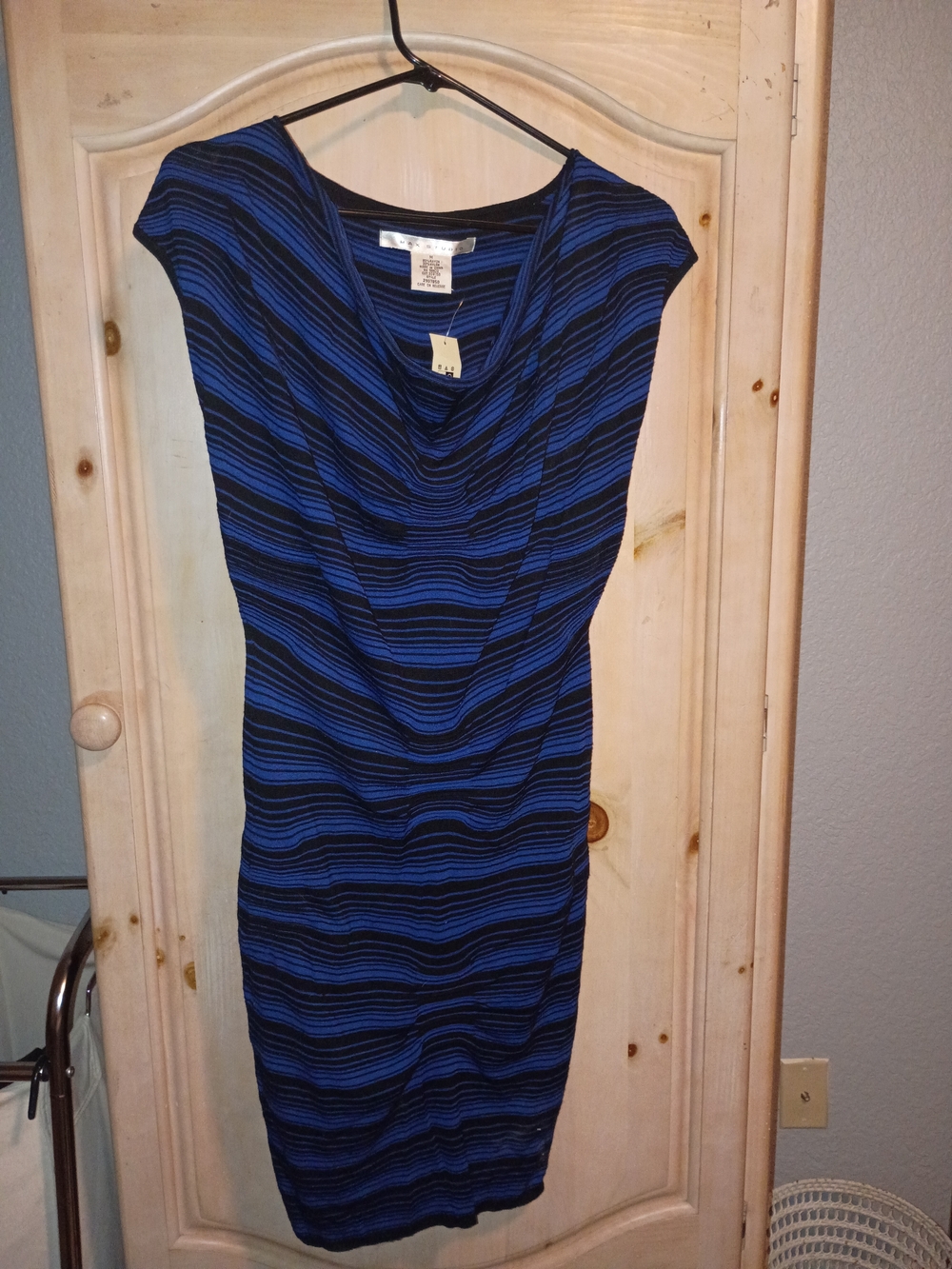 Max Studio Black and Blue Striped Draped Neck Sheath Dress